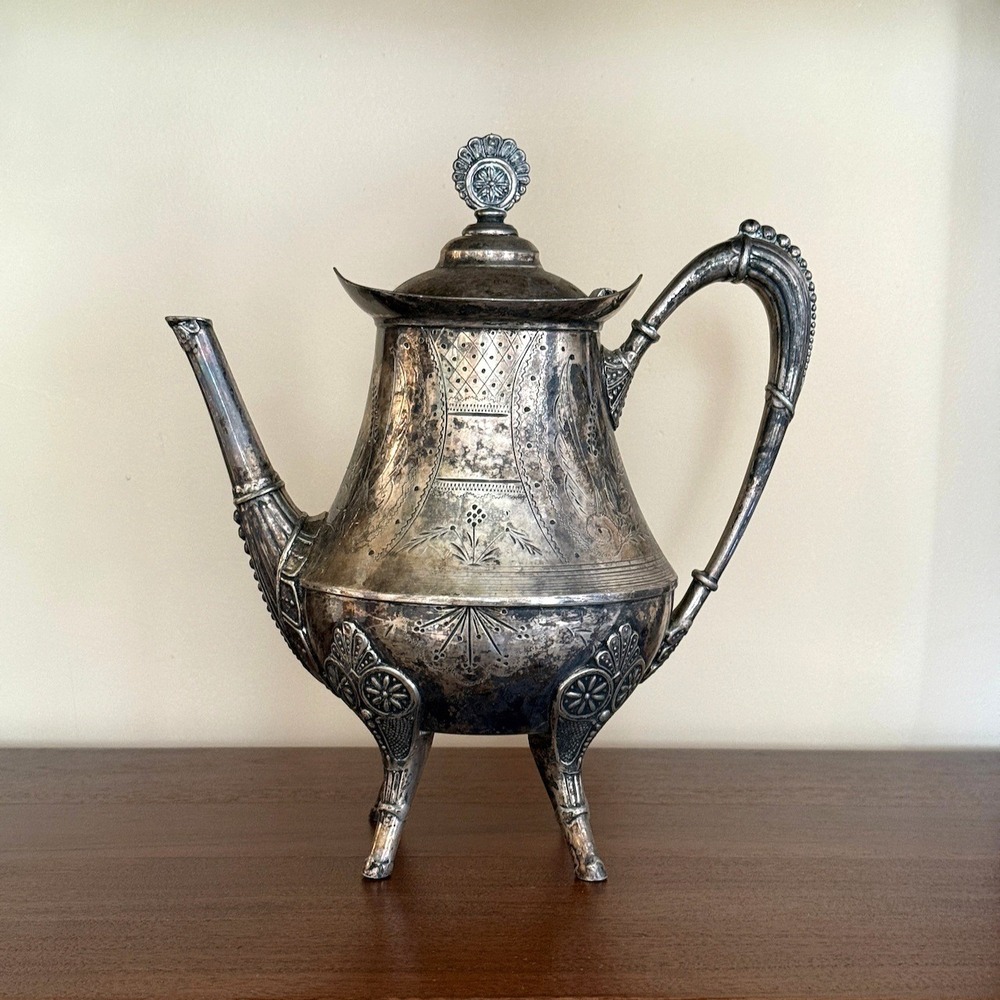 Antique F Schade Brooklyn NY Silver Triple Plate Teapot Victorian Floral
